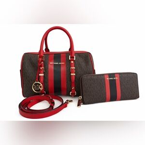 Michael Kors Bedford Travel Medium Logo Stripe Satchel & Zip Wallet Set NWOT